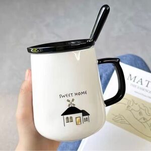Sweet Home Ceramic Coffee Mug with Black Accent Handle and Spoon